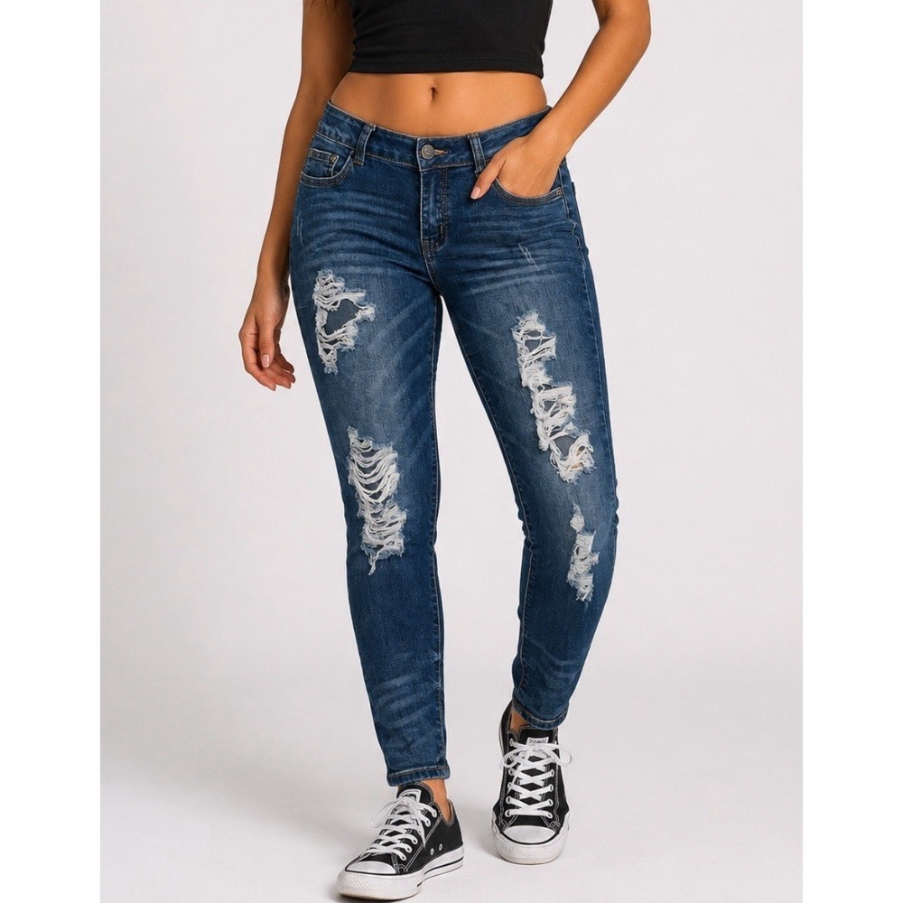 Rock & Royal Distressed Skinny Jeans Sz 11 Medium Wash Ripped Stretch Y2K Grunge